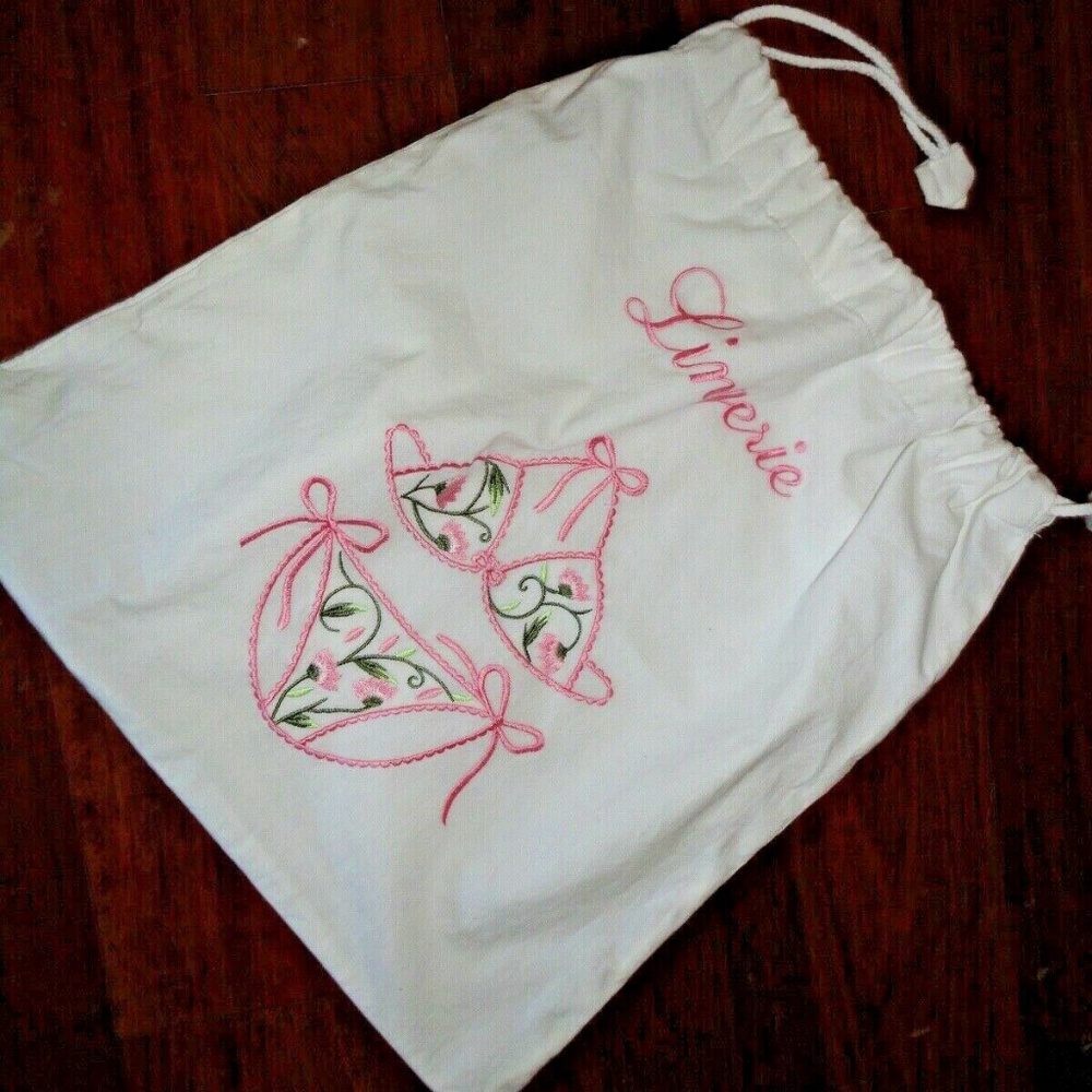 CUTE LITTLE LINGERIE BAG PINK & GREEN EMBROIDERY BIKINI 15 X 15"